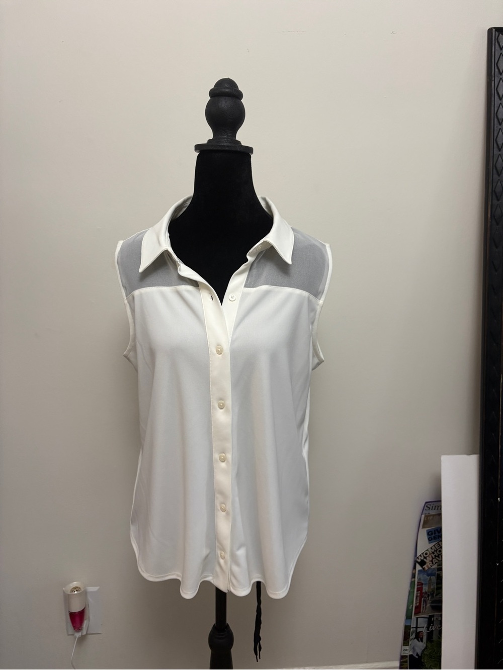 DKNY White Sleeveless Button-Down Top with Sheer Yoke